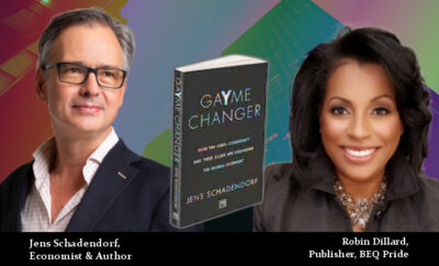 GaYme Changer Book pictured with author, Jens Schadendorf and BEQ Pride Publisher, Robin Dillard