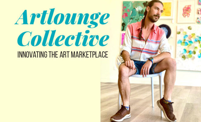 K. Ryan Henisey, Founder, Artlounge Collective is pictured seated in a chair wearing shorts and a striped shirt. The room is full of art hanging on the walls